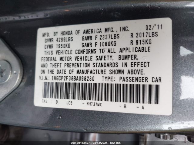 Photo 8 VIN: 1HGCP2F38BA098280 - HONDA ACCORD 