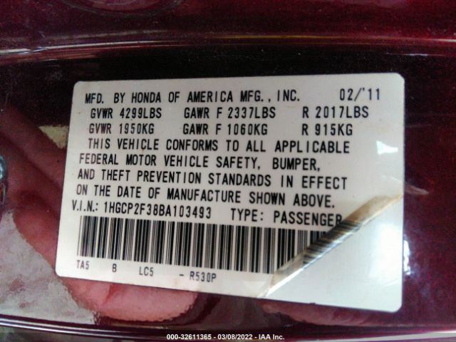 Photo 8 VIN: 1HGCP2F38BA103493 - HONDA ACCORD SDN 