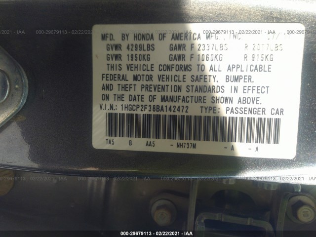 Photo 8 VIN: 1HGCP2F38BA142472 - HONDA ACCORD SDN 