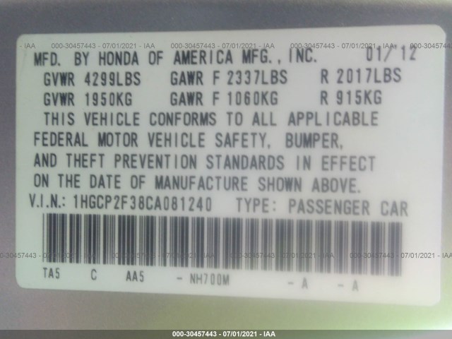 Photo 8 VIN: 1HGCP2F38CA081240 - HONDA ACCORD SDN 