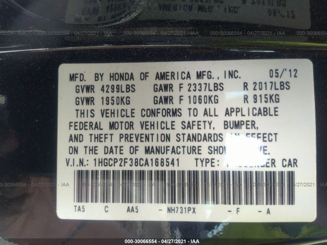 Photo 8 VIN: 1HGCP2F38CA168541 - HONDA ACCORD SDN 