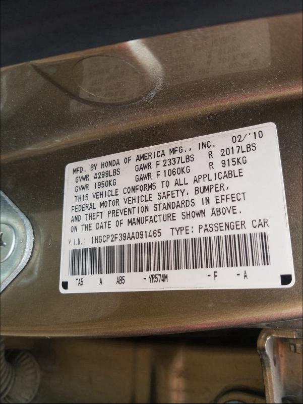 Photo 9 VIN: 1HGCP2F39AA091465 - HONDA ACCORD LX 