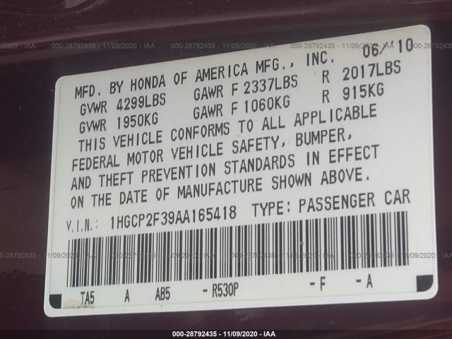 Photo 8 VIN: 1HGCP2F39AA165418 - HONDA ACCORD SDN 