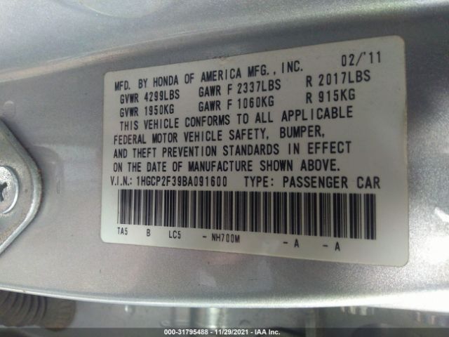 Photo 8 VIN: 1HGCP2F39BA091600 - HONDA ACCORD SDN 