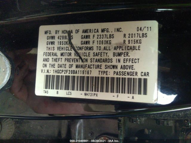 Photo 8 VIN: 1HGCP2F39BA119167 - HONDA ACCORD SDN 