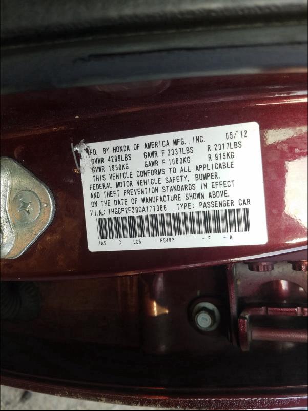 Photo 9 VIN: 1HGCP2F39CA171366 - HONDA ACCORD LX 