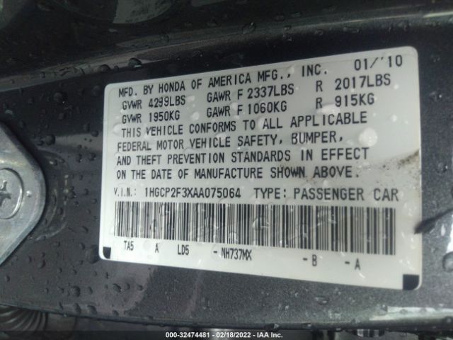 Photo 8 VIN: 1HGCP2F3XAA075064 - HONDA ACCORD SDN 