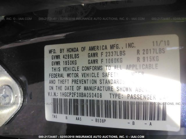 Photo 8 VIN: 1HGCP2F3XBA050408 - HONDA ACCORD SDN 