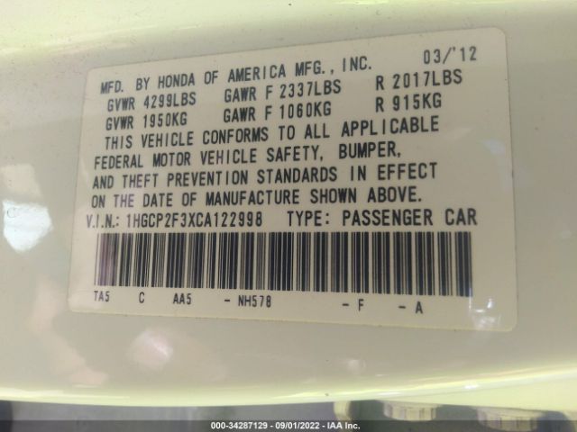 Photo 8 VIN: 1HGCP2F3XCA122998 - HONDA ACCORD SDN 