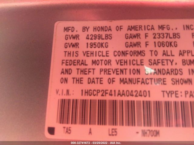 Photo 8 VIN: 1HGCP2F41AA042401 - HONDA ACCORD SDN 