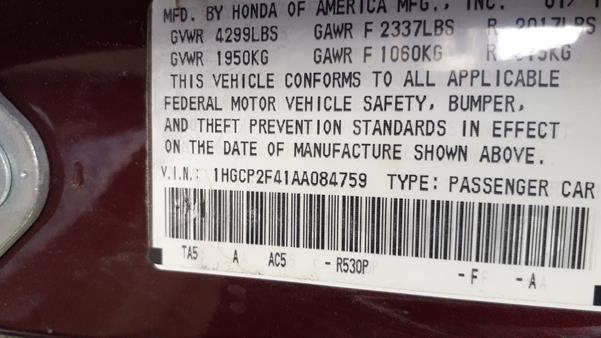 Photo 1 VIN: 1HGCP2F41AA084759 - HONDA ACCORD 