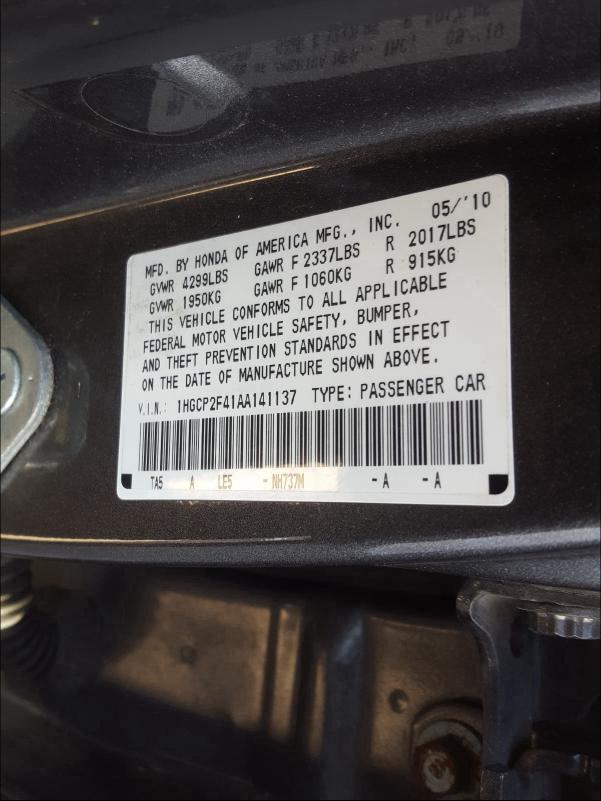 Photo 9 VIN: 1HGCP2F41AA141137 - HONDA ACCORD LXP 