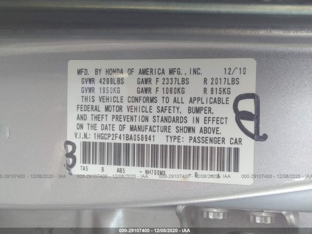 Photo 8 VIN: 1HGCP2F41BA058941 - HONDA ACCORD SDN 