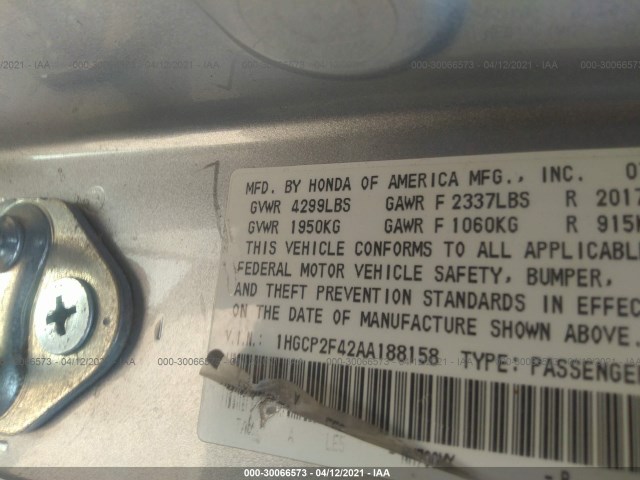 Photo 8 VIN: 1HGCP2F42AA188158 - HONDA ACCORD SDN 