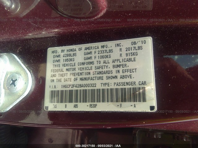 Photo 8 VIN: 1HGCP2F42BA000322 - HONDA ACCORD SDN 