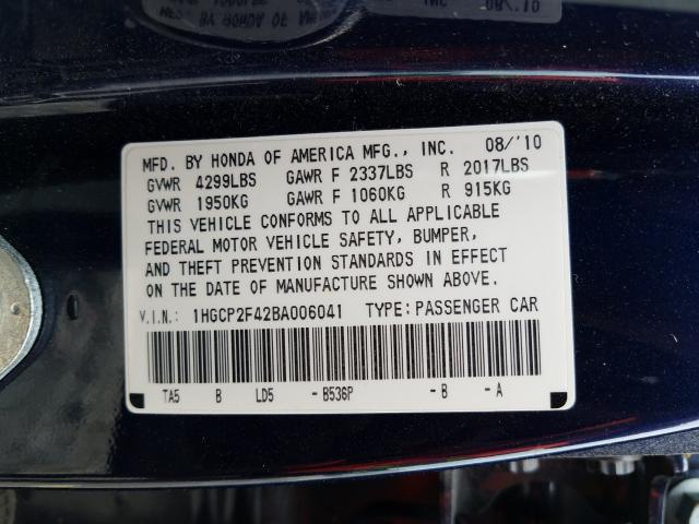 Photo 9 VIN: 1HGCP2F42BA006041 - HONDA ACCORD LXP 