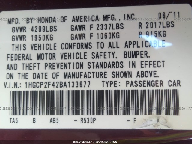 Photo 8 VIN: 1HGCP2F42BA133677 - HONDA ACCORD SDN 