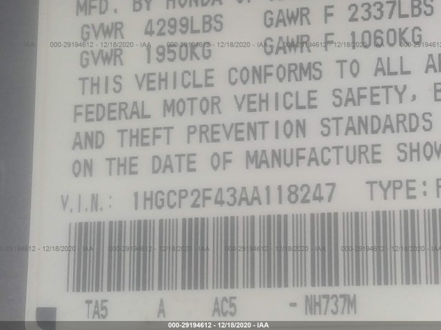 Photo 8 VIN: 1HGCP2F43AA118247 - HONDA ACCORD SDN 