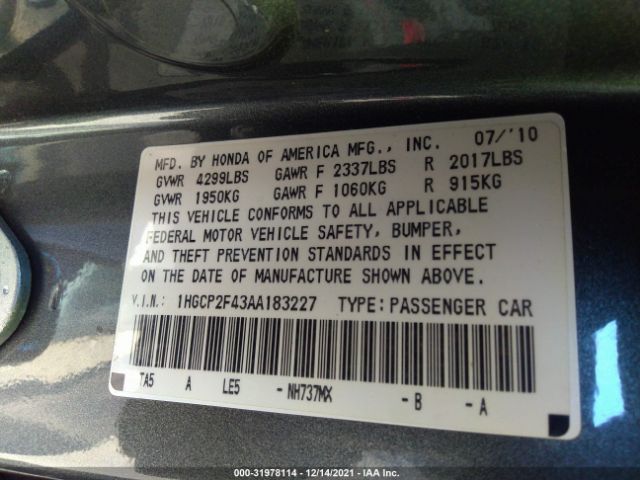 Photo 8 VIN: 1HGCP2F43AA183227 - HONDA ACCORD SDN 