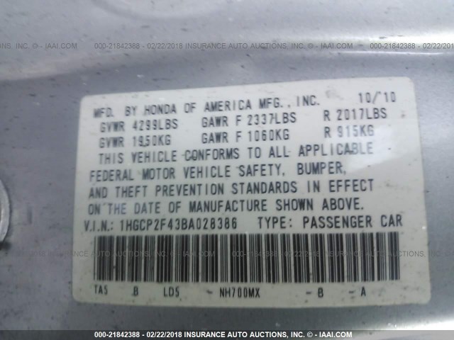 Photo 8 VIN: 1HGCP2F43BA028386 - HONDA ACCORD SDN 