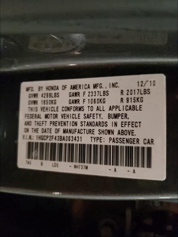 Photo 9 VIN: 1HGCP2F43BA063431 - HONDA ACCORD LXP 