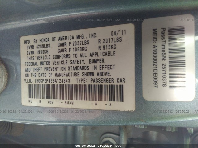 Photo 8 VIN: 1HGCP2F43BA124843 - HONDA ACCORD SDN 