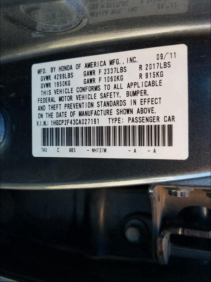 Photo 9 VIN: 1HGCP2F43CA027191 - HONDA ACCORD LXP 