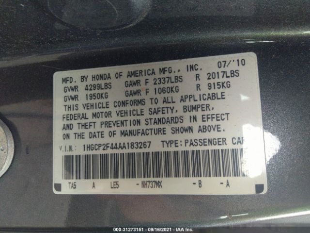 Photo 8 VIN: 1HGCP2F44AA183267 - HONDA ACCORD SDN 