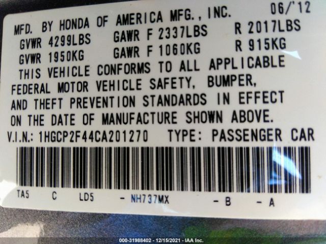 Photo 8 VIN: 1HGCP2F44CA201270 - HONDA ACCORD SDN 