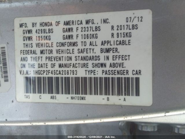 Photo 8 VIN: 1HGCP2F45CA208793 - HONDA ACCORD SDN 