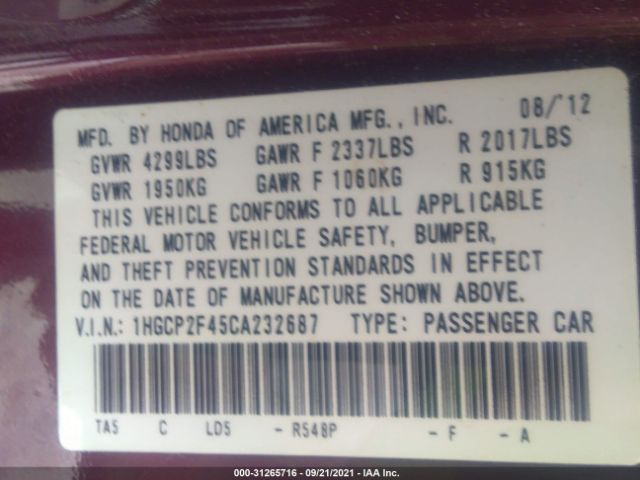 Photo 8 VIN: 1HGCP2F45CA232687 - HONDA ACCORD SDN 