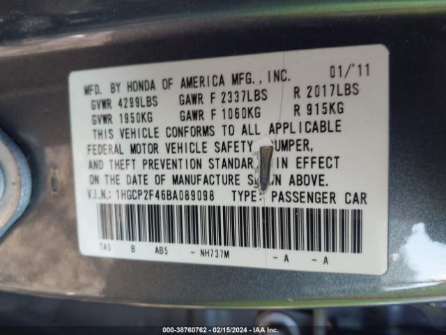 Photo 8 VIN: 1HGCP2F46BA089098 - HONDA ACCORD 