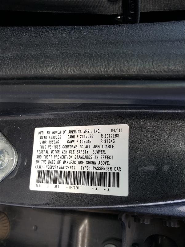 Photo 9 VIN: 1HGCP2F46BA124917 - HONDA ACCORD LXP 