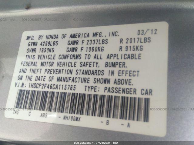 Photo 8 VIN: 1HGCP2F46CA115765 - HONDA ACCORD SDN 