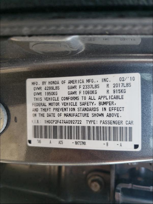 Photo 9 VIN: 1HGCP2F47AA092722 - HONDA ACCORD LXP 