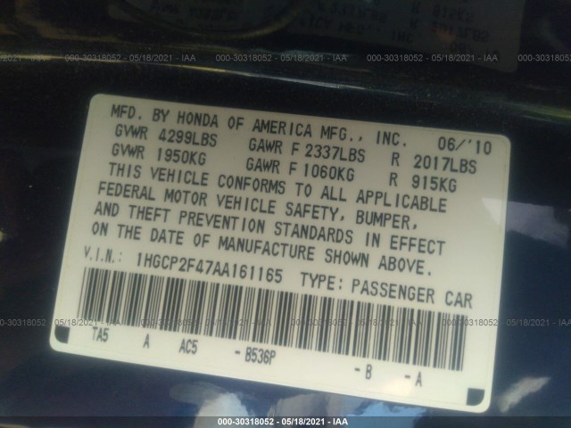 Photo 8 VIN: 1HGCP2F47AA161165 - HONDA ACCORD SDN 