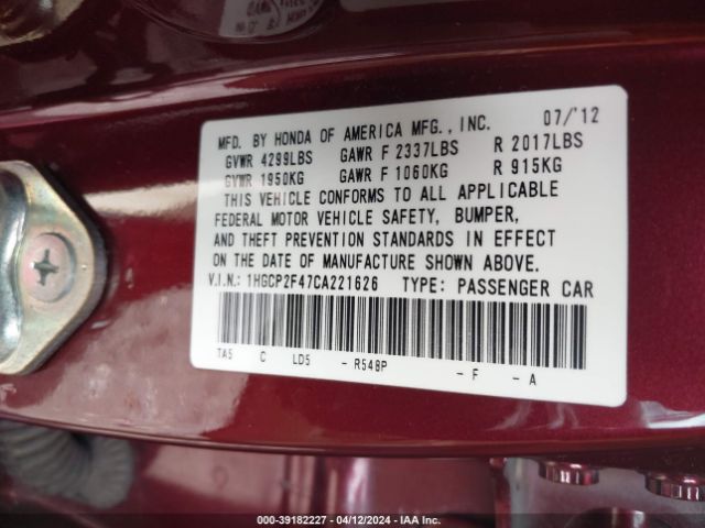 Photo 8 VIN: 1HGCP2F47CA221626 - HONDA ACCORD 