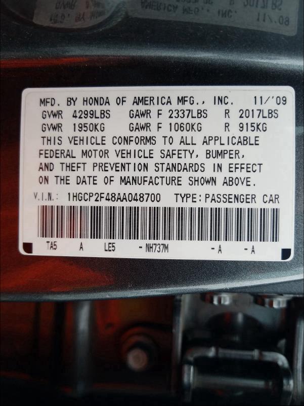 Photo 9 VIN: 1HGCP2F48AA048700 - HONDA ACCORD LXP 