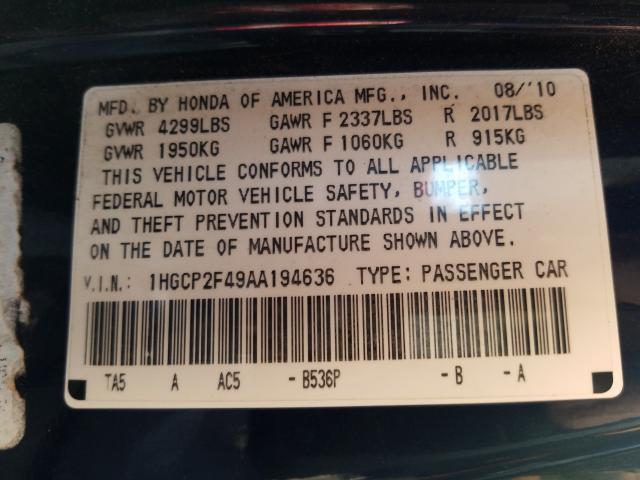 Photo 9 VIN: 1HGCP2F49AA194636 - HONDA ACCORD LXP 