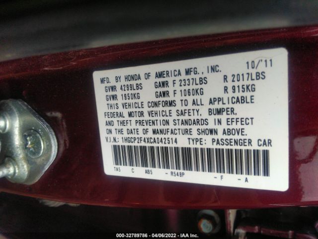 Photo 8 VIN: 1HGCP2F4XCA042514 - HONDA ACCORD SDN 