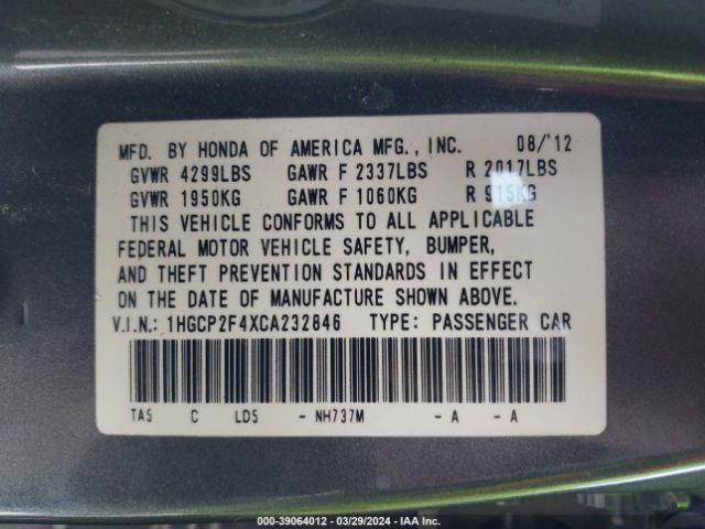 Photo 8 VIN: 1HGCP2F4XCA232846 - HONDA ACCORD 