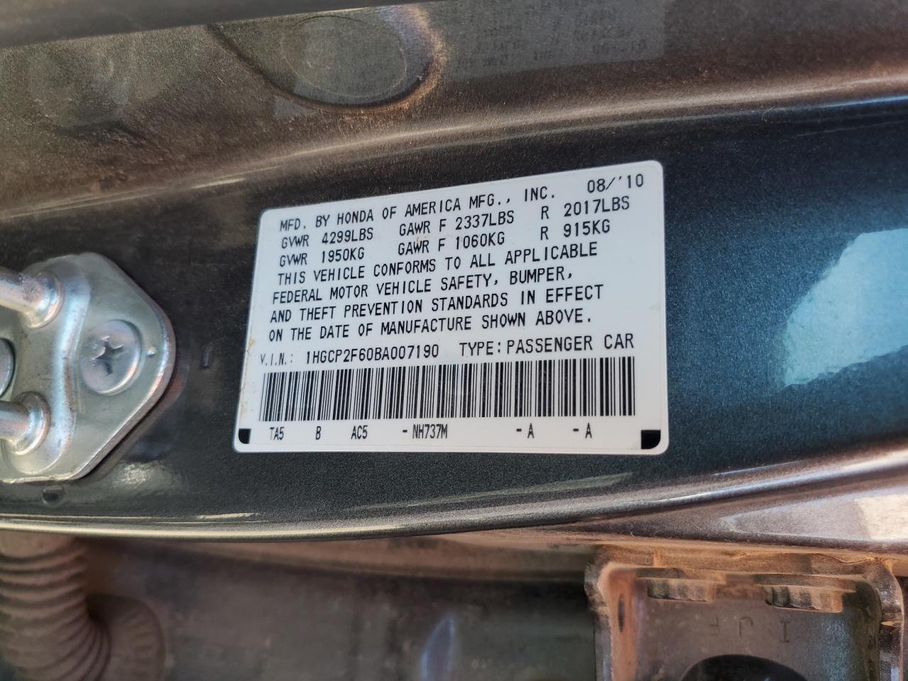 Photo 11 VIN: 1HGCP2F60BA007190 - HONDA ACCORD 