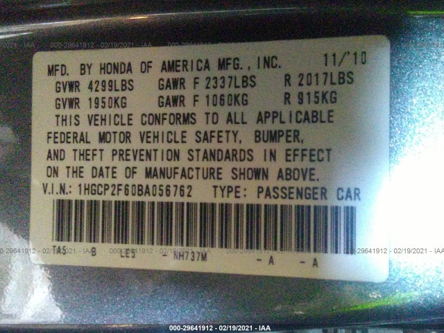 Photo 8 VIN: 1HGCP2F60BA056762 - HONDA ACCORD SDN 