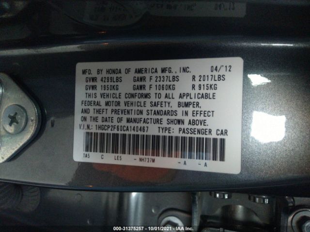 Photo 8 VIN: 1HGCP2F60CA140467 - HONDA ACCORD SDN 