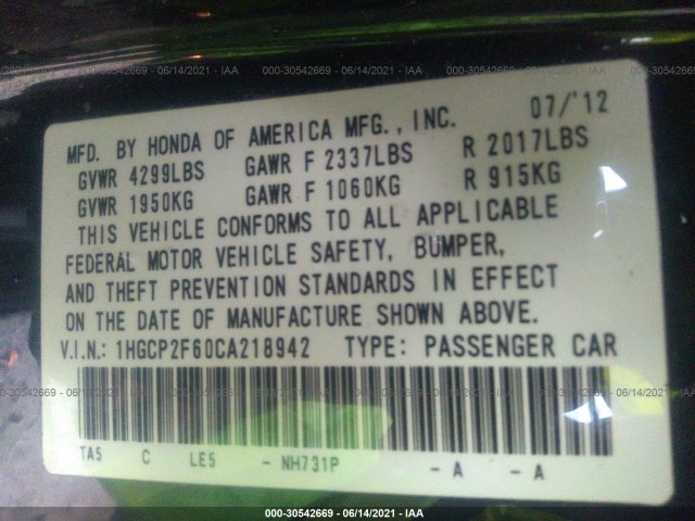 Photo 8 VIN: 1HGCP2F60CA218942 - HONDA ACCORD SDN 