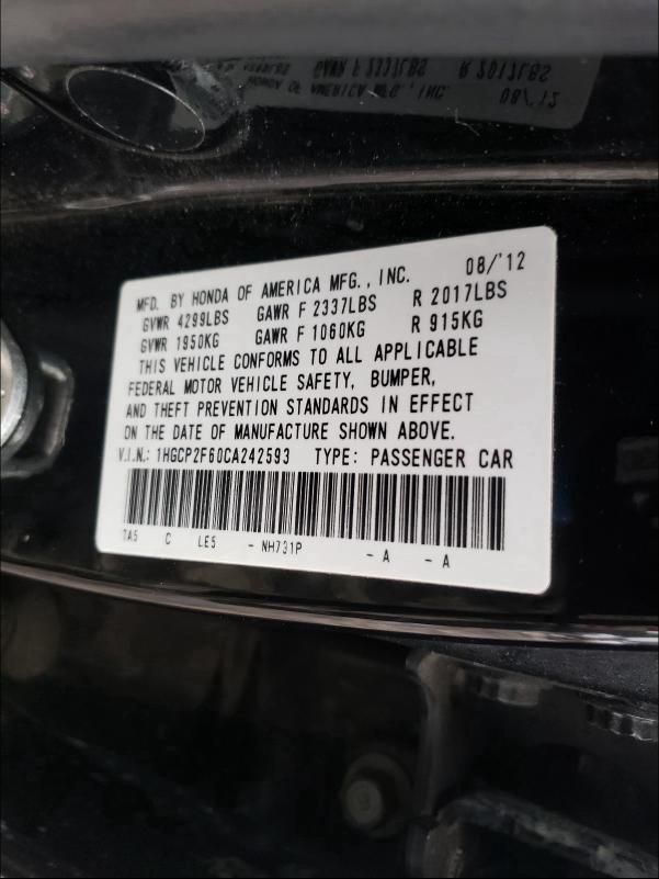 Photo 9 VIN: 1HGCP2F60CA242593 - HONDA ACCORD SE 