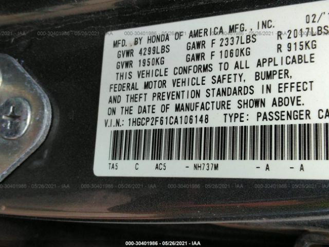 Photo 8 VIN: 1HGCP2F61CA106148 - HONDA ACCORD SDN 