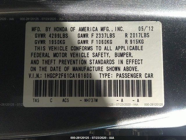 Photo 8 VIN: 1HGCP2F61CA161800 - HONDA ACCORD SDN 