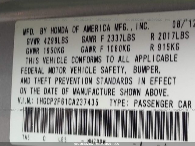 Photo 8 VIN: 1HGCP2F61CA237435 - HONDA ACCORD SDN 