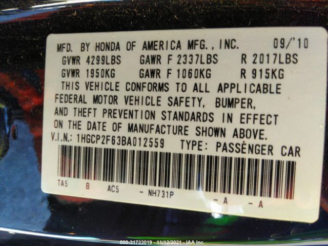 Photo 8 VIN: 1HGCP2F63BA012559 - HONDA ACCORD SDN 